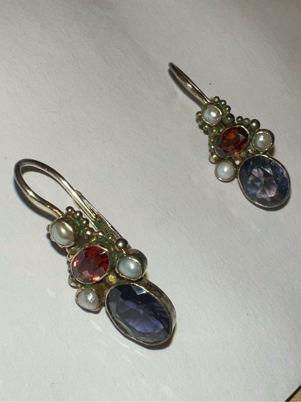 Sterling Silver Drop Earrings with Lavender and Garnet Stones and Pearls - Picture 3 of 8
